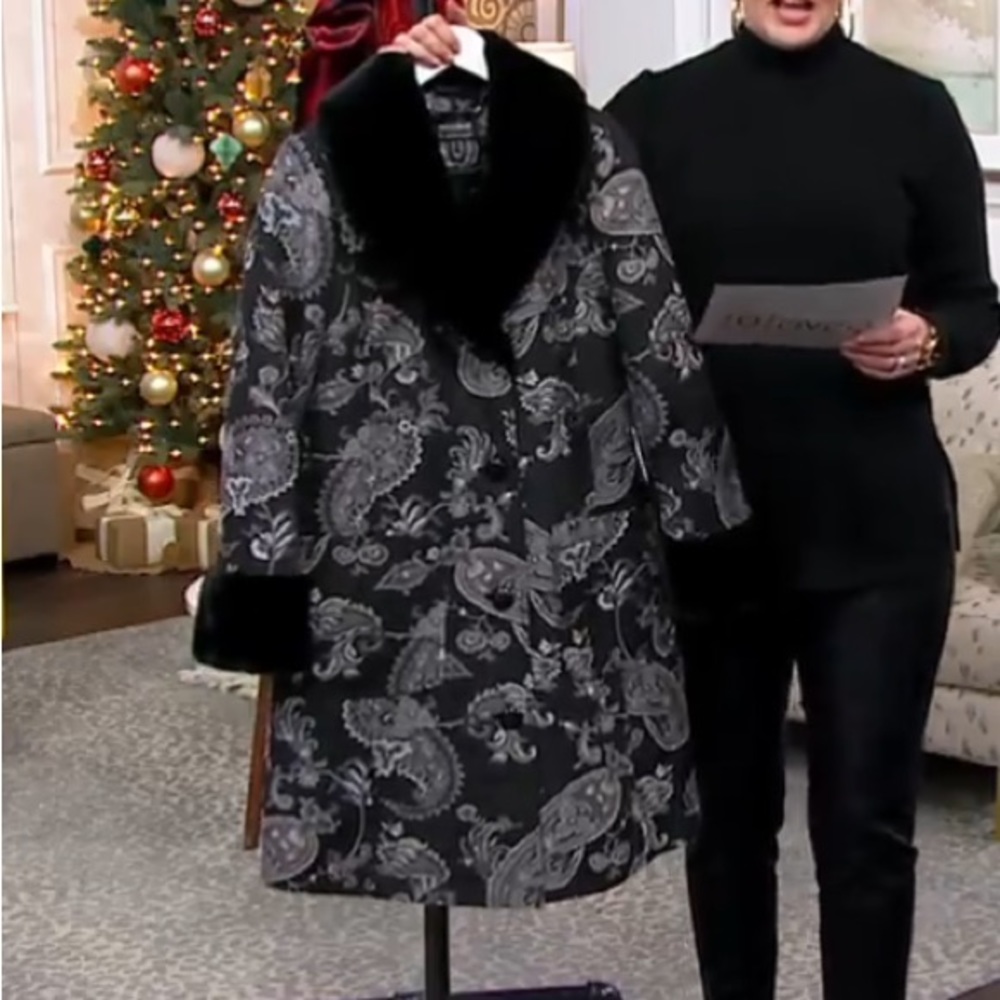 Dennis Basso Madison Ave Jacquard Button Front Coat with Faux Fur Trim